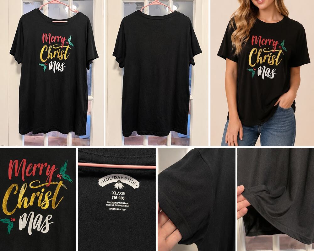 Holiday Time "Merry Christmas" Women's Graphic T-Shirt – Black – Size XL (16-18)